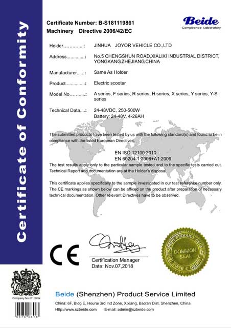 Joyor - Certificate of comfornity